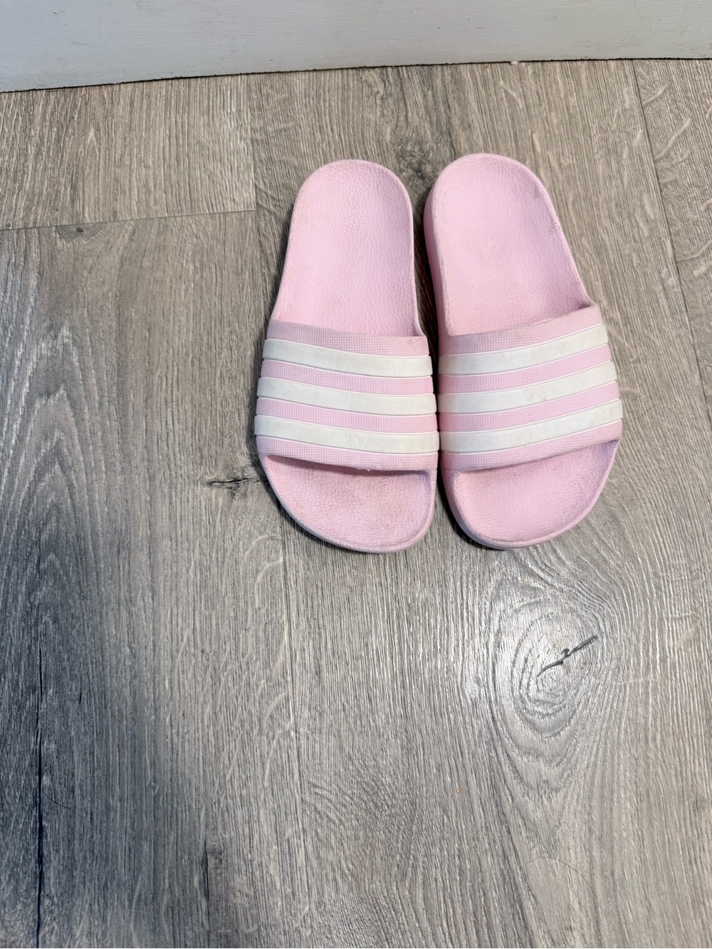 adidas Pink Slide Sandals with White Stripes - Kids - Picture 2 of 7